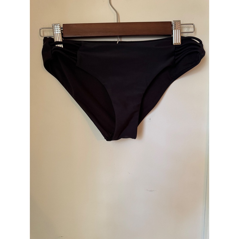 Black Strappy Side Bikini Bottoms Hipster Swimwear Solid Minimalist Small